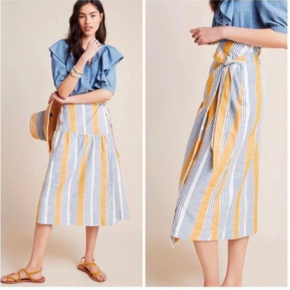 Maeve Anthropologie Laura‎ Striped Wrap Midi Skirt Yellow Blue Cotton Blend Sz 4